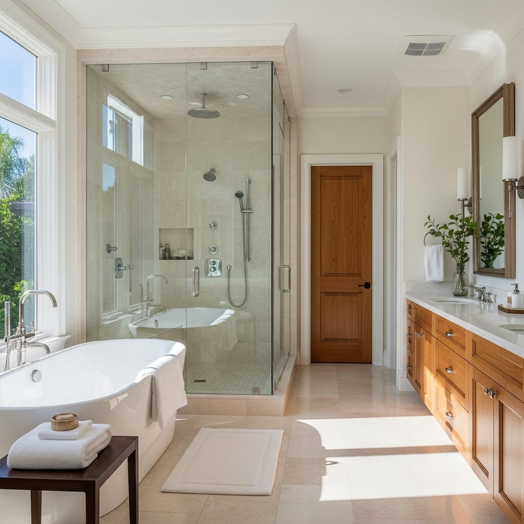 Luxurious walk-in shower and freestanding tub